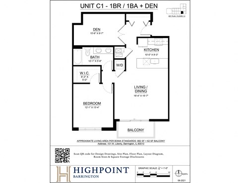 Floor plan for 1 bed, 1 bath, 959 sqft